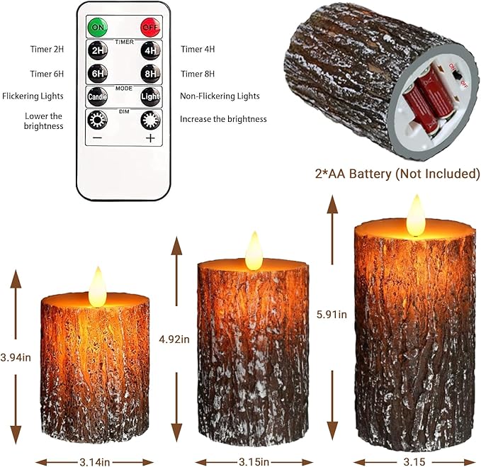 VEEKI Flameless Candles Lights, Set of 3 Battery Operated Flickering Flameless Candles with Remote & Timer, Dimmable LED Pillar Candles, Pine Bark Electric LED Candles for Christmas Winter Home Decor