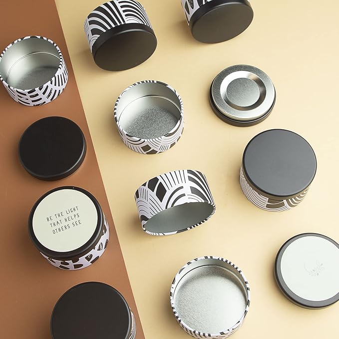 Hearth & Harbor Tin Candle Jars for Making Candles - DIY Candle Containers with Lids - Metal Candle Jars - Bulk Tins Storage for Candle - (12 Pieces) - (8 Ounces) - Black and White Abstract