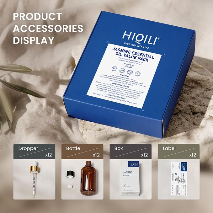 HIQILI Jasmine Essential Oil Set - 1 fl oz (12 Pack), Bulk Wholesale for Business, Skincare & Diffusing & DIY, for Spa & Sauna, Hotels & Homestays, Beauty Salons, Gift & Home Use