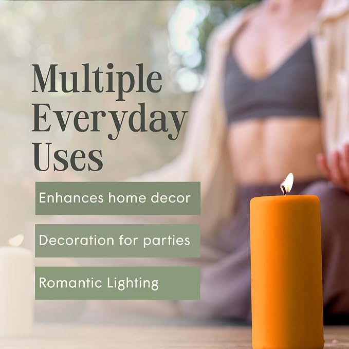 Mister Candle Dripless Unscented Pillar Candles, Set of 3 Hand Poured Orange Pillar Candles, Solid Color Non-Scented Candles for Home Decor, Premium Wax, 80 Hr Burn Time, 3x6 Inch