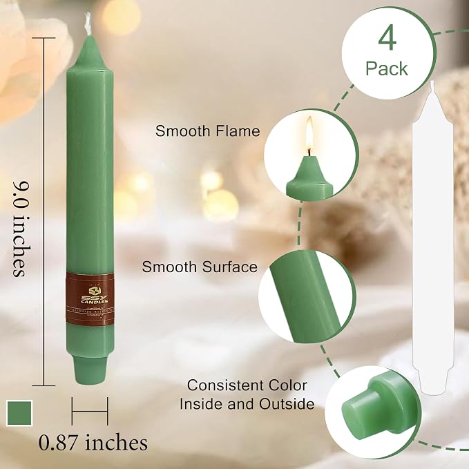 Sage Green Taper Candle 9 Inch Long Candlesticks Unscented Dripless Tapered Candle Set for Home Decor Wedding Party Dinner Candles, 4 Pack
