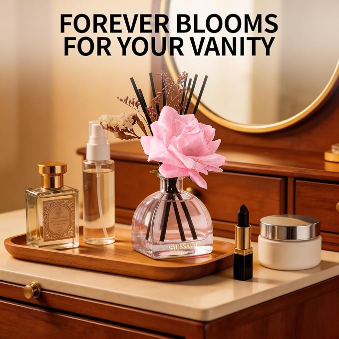 Reed Diffusers Set Rose Scented Diffuser for 140 Days, Flower Diffuser 8.5 fl oz with Dried Flowers and Decorative Rose, Long Lasting Home Fragrance with 10 Sticks for Bathroom, Shelf, Office Decor