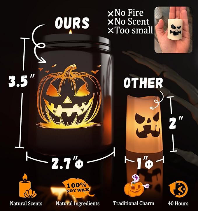 Halloween Decor Indoor-Halloween Gifts Candles for Women with LED Pumpkin Face,Fall Candles with Pumpkin Spice Scent Over 40 Hours of Burn Time, Gift for Home Fall Decorations Indoor, 100% Soy Wax