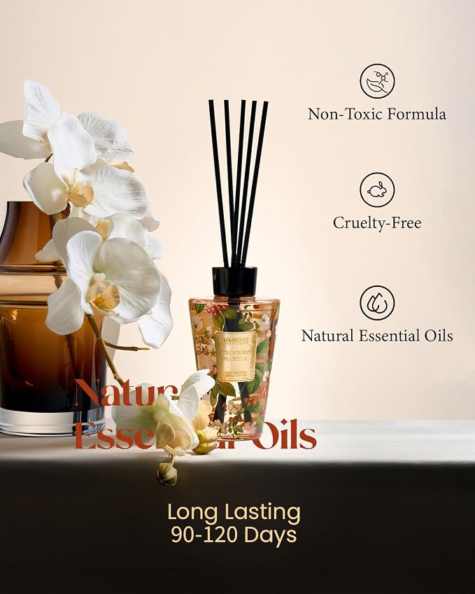 M&SENSE Strawberry Vanilla Scent Reed Diffuser Set - 8.79fl oz Home Fragrance Non-Toxic Essential Oil Diffuser with All Natural Sticks, Long Lasting Air Freshner Gifts for Housewarming Gift
