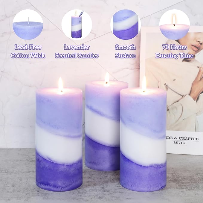 Crystal Club Lavender Scented Pillar Candles, Set of 3 3x6 Inch Purple Pillar Candles, 70+ Hours Long Burning Time, 100% Cotton Wick, Smokeless & Dripless for Home Decor, Relaxation, and Aromatherapy