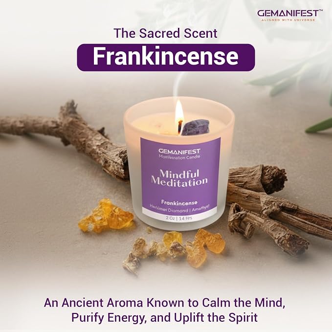 Mindful Meditation Candle with Amethyst and Herkimer Diamond Soy Wax Frankincense Candle for Anxiety Relief Focus Clarity Inner Peace Gifts for Spiritual Seekers Yoga Lovers Wellness Enthusiasts