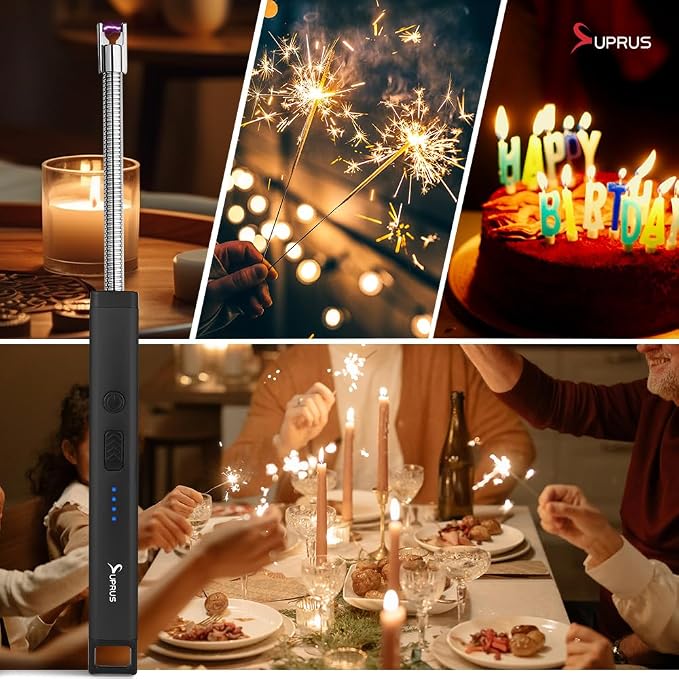 SUPRUS Rechargeable Candle Lighter Electric Arc Triple Safety Long Lighter Stainless Steel Shell & Hanging Hook (Black)