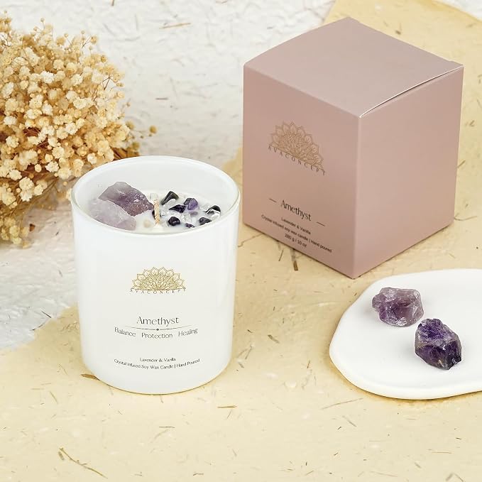AvaConcept Amethyst Crystal Candle – 10oz / 280g | Lavender & Vanilla Aromatherapy | Hand-Poured Soy Wax | Genuine Healing Crystals Embedded | Balance, Protection & Healing | Pink Gift Box Included