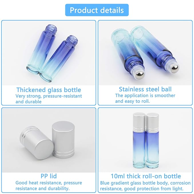 10Pcs Glass Rolling Bottles Set, 10ml (1/3oz) Blue Gradient Roller jars with Funnels, Glass Roll on Vials for Essential Oil Aromatherapy Perfume Liquid Massage