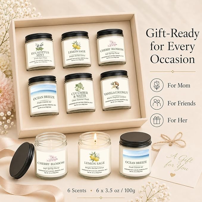 Spring & Summer Scented Candles Set, 6 Pack Soy Candles for Home, 21 oz Aromatherapy Candle Gift Set for Women, Mom, Birthday & Housewarming Gifts, Eucalyptus Mint & Vanilla Coconut
