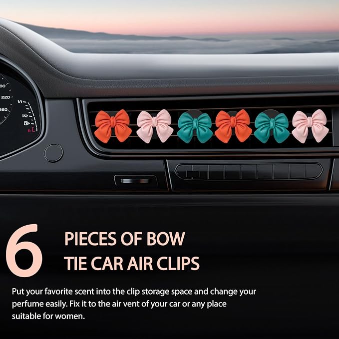 KVAEY 9 PCS Pink Bow Car Air Freshener, Automotive Cute Pink Bow Air Outlet Clips with Scent Pieces, Universal Coquette Car Air Vent Diffuser for Women and Girls (Orange+Pink+Dark Blue)