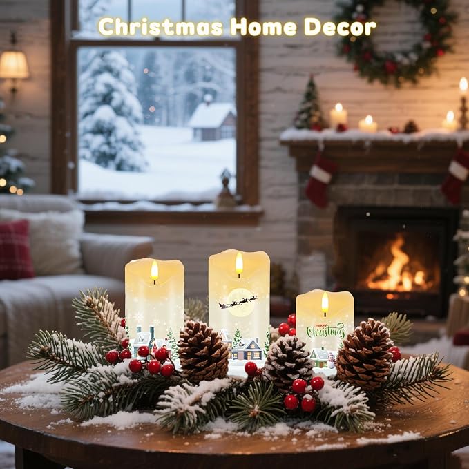 VEEKI Christmas Flameless Candles, Set of 2 Flickering Snow House LED Candles with Remote & Timer, Real Wax Pillar Candles Battery Operated, Electric Candles Light for Home Christmas Decor
