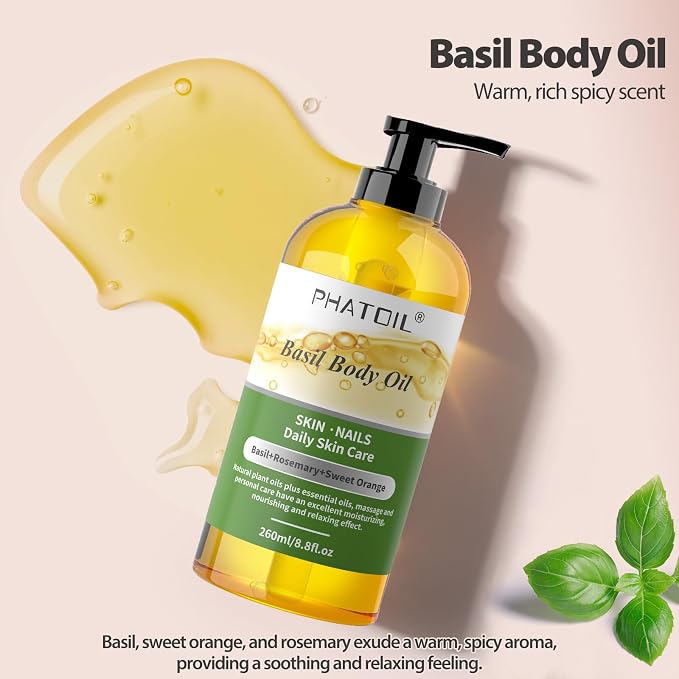 PHATOIL Basil Body Oil with Pump, 260 ml (8.8 fl.oz) Multi-Purpose Massage Oil Basil Oil, Blends of Natural Plant Oils and Essential Oils, Great for Skin Care, Body Oils for Women and Men