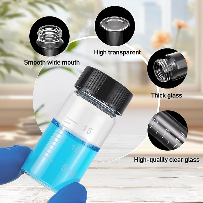 Kesell 18 Pack 20ml Glass Sample Vial Clear Graduated Bottles Empty Reusable Liquid Vials with Plastic Screw Cap and 5 Funnels