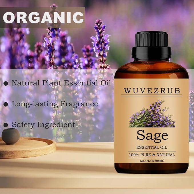 Sage Essential Oils, 240ML Pure and Natural Essential Oil for Aromatherapy Diffuser - Sage /8 Fl Oz