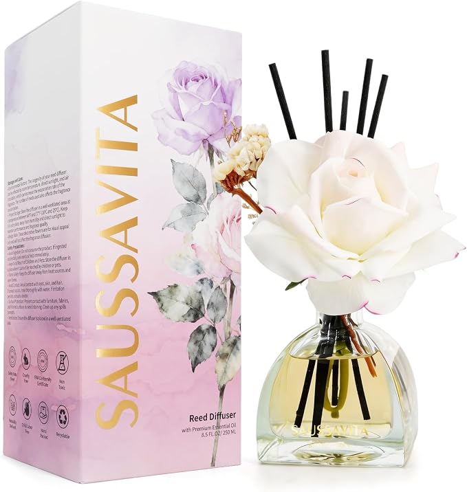 Reed Diffusers Set Jasmine&Lily Scented Diffuser for 140 Days, Flower Diffuser 8.5 fl oz with Dried Flowers and Decorative Rose, Long Lasting Home Fragrance Bathroom, Shelf, Office Decor
