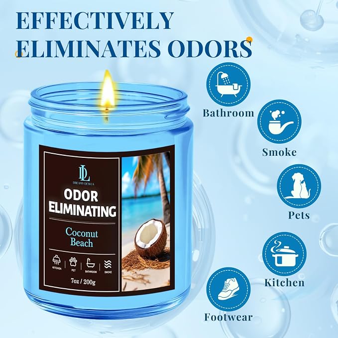 Coconut Beach Odor Eliminating Highly Fragranced Candle, Eliminates 95% of Living Room, Bedroom, Bathroom and Other Smells Quickly, Air Freshing Scented Candles, Soy Candle Gifts for Women Men, 7oz