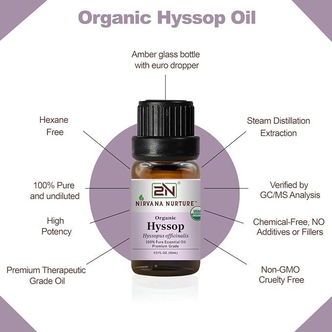 Hyssop Essential Oil, USDA Certified Organic, 100% Pure Undiluted, Aromatherapy Oil for Diffuser, Hair & Skin Care