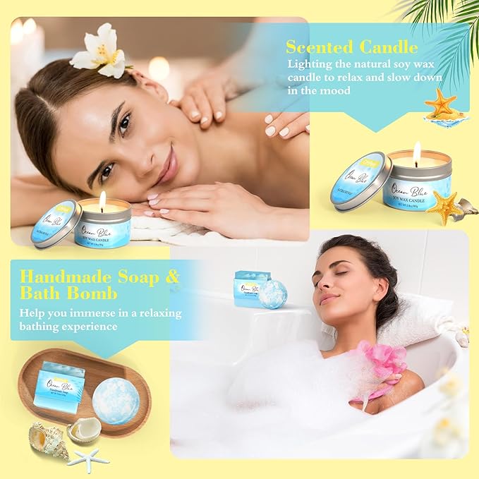 Birthday Gifts for Women, Ocean Scented Relaxing Spa Gift Baskets for Women Mom Her Wife Sister Friends Coworker Employee, Self Care Bath and Body Gift Set for Mothers Day Birthday Inspirational Gift