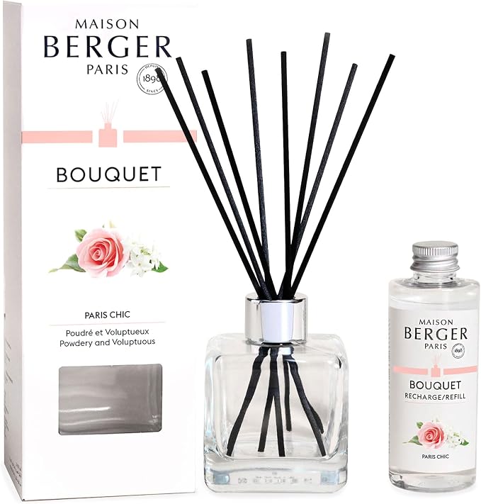 MAISON BERGER Reed Diffuser Bouquet, 100 ml, Paris Chic | Clear Glass Bottle, 8 Reed Sticks, 100 ml Refill, Up to 6-Week Passive Diffusion, No Flame, Made in France