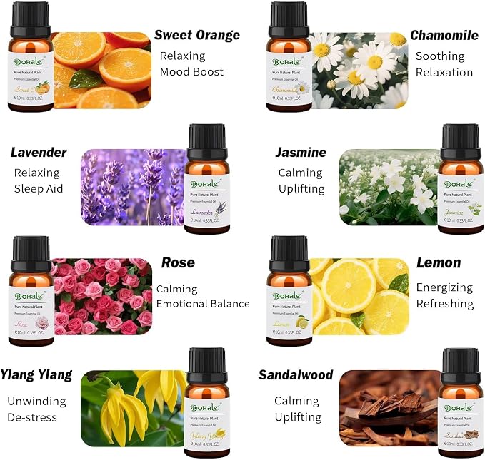 Essential Oils Set Acacia Wood Gift Box - Stress Relief Relax Soothe, Top 8 Aromatherapy Oils for Diffuser Hotel Scent Home Fragrance Candle Making - Chamomile, Lavender & More 10ml