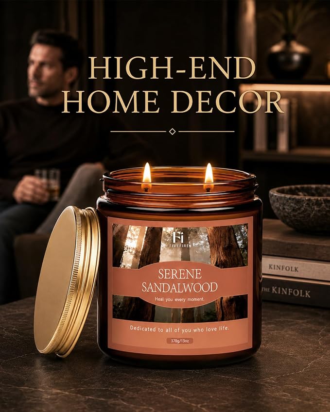 Sandalwood Scented Candles, 13 oz Soy Wax Candle with Cotton Wick, 76-Hour Clean Burning, Non-Toxic Woodsy Scent for Relaxation & Focus, Aromatherapy Candle, Housewarming Gift