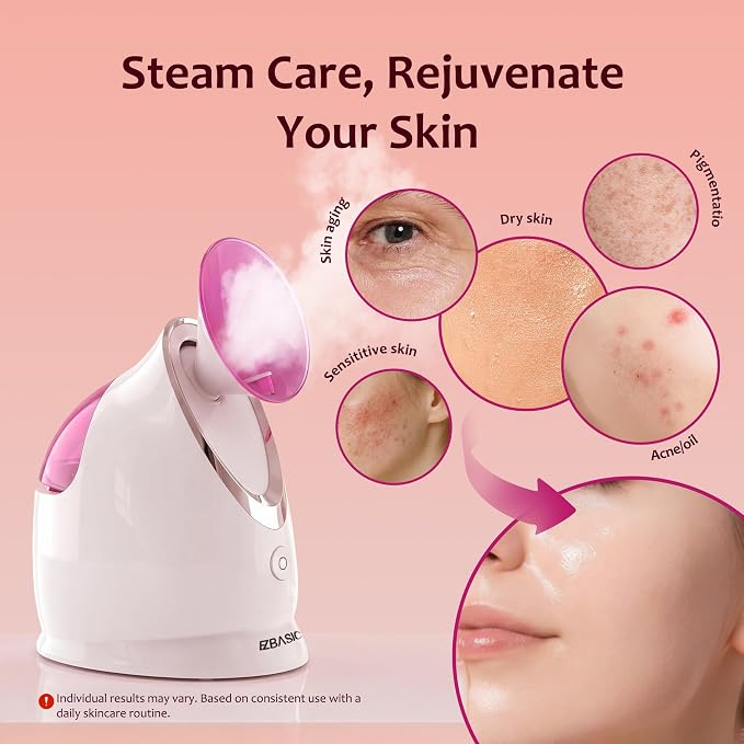 EZBASICS Facial Steamer - Professional Nano Ionic Face Steamer for Facial Deep Cleaning, Warm Mist Humidifier for Home Spa, Unclogs Pores Sinus, Bonus 5 Piece Stainless Steel Skin Kit (Pink)