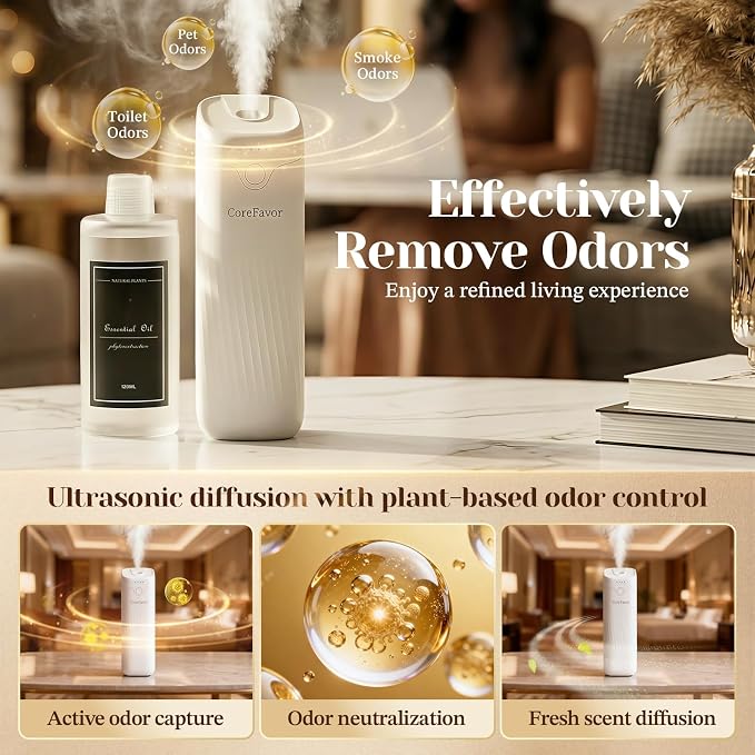 Waterless Essential Oil Diffuser (M60) with 120ml Oil, Portable Battery-Operated Cold Air Aroma Scent Machine, 4 Adjustable Intensity Levels, Quiet Diffuser for Bedroom Office Bathroom Car