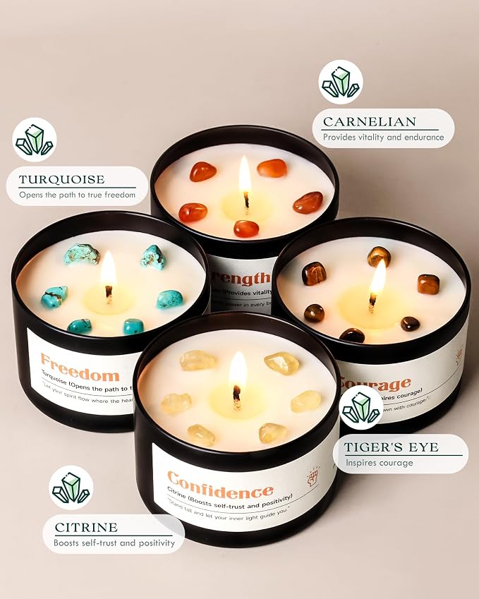 AOOVOO Crystal Empower Candles Set for Women - 4 Pack 26 oz Soy Wax Candles for Home Scented, 200 Hour Long Lasting Candle, Freedom Turquoise/Confidence Citrine/Strength Carnelian/Courage Tiger's Eye
