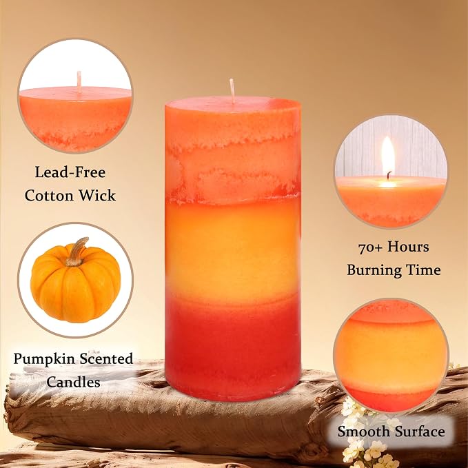 3×6 Inch Orange Pillar Candles, Pumpkin Scented Pillar Candles - Long Burning 70+ Hours, Dripless & Smokeless, Aromatherapy Candles for Thanksgiving Day Dinner Table Décor, Set of 3