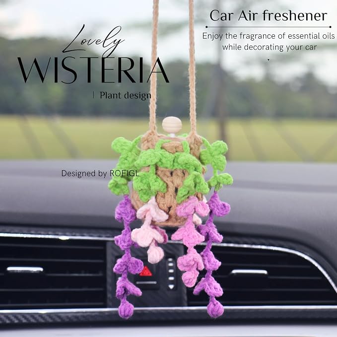 ROFIGL Handmade Crochet Hanging Car Air Freshener - Botanical Wisteria Blossom Design with 12ml Refillable Glass Essential Oil Bottle, Long-Lasting Car Diffuser & Nature-Inspired Decor