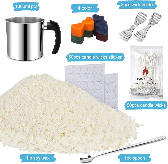DINGPAI Candle Making Supplies, Complete Soy Candle Making Set Including Candle Make Pouring Pot, Candle Wicks, Wicks Sticker, 3-Hole Candle Wicks Holder, Natural Soy Wax and Spoon