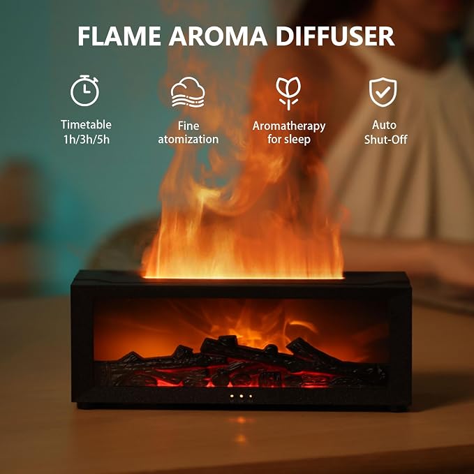 Essential Oil Diffuser, Fireplace Flame Aromatherapy Diffuser with 7 Colors Light, Oil Diffuser, Humidifier, Aroma Diffusers for Home, Office, Yoga, Timer & Waterless Auto Off