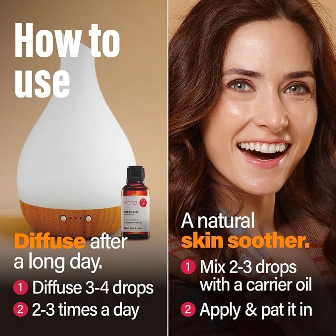 H'ana Eucalyptus Oil - 1.02 Fl Oz Eucalyptus Essential Oil for Hair, Skin, Diffuser, Aromatherapy & DIY