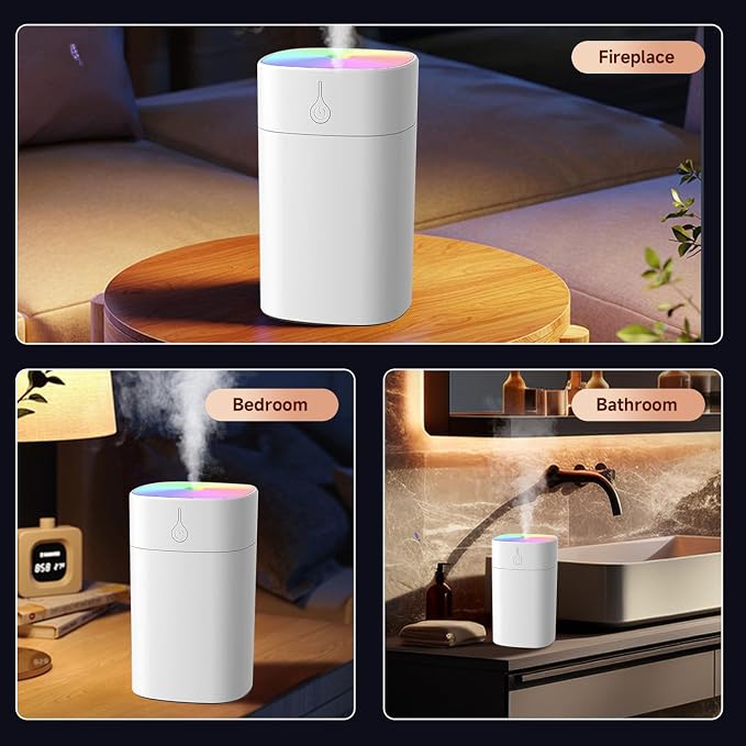 Portable Desktop Humidifier, 400ml Small Humidifier, Travel Fragrance Diffuser, Powered by USB, with LED Light and Automatic Shut-off Function (White)