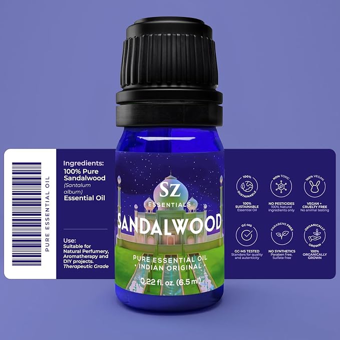 Sandalwood Essential Oil, 100% Pure, Natural Oil - (Santalum Album) Indian Sandalwood - Deep, Woody, Balsamic Scent with Delicious Aroma - Therapeutic Grade & Vegan - 0.22oz (6.5ml)