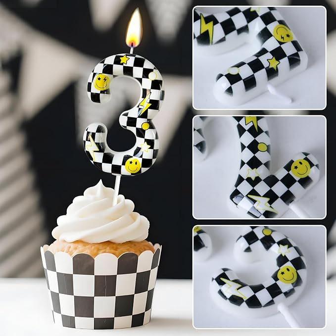 Number 3 Birthday Candle for Cake – Black White Checkered Smiley Design with Lightning & Star – Three Happy Dudes Theme Cake Topper for Birthday Party Decorations