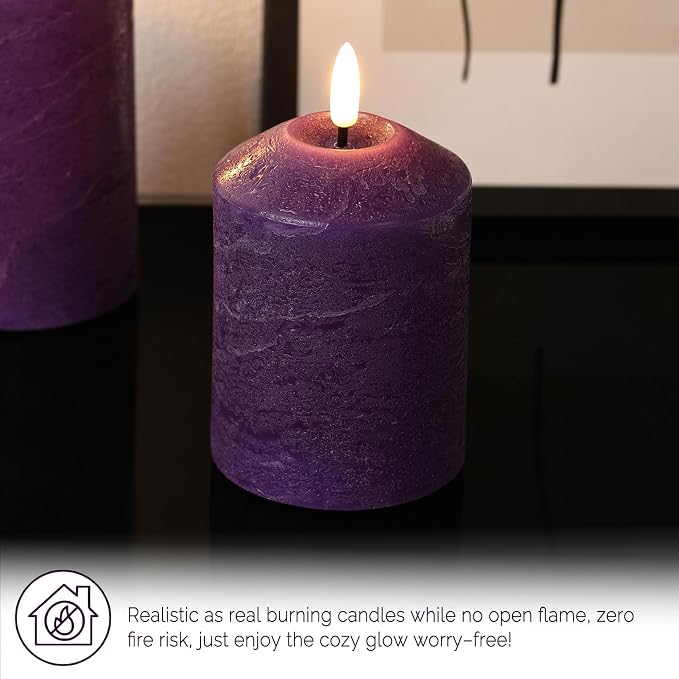 Purple Flameless Pillar Candles with Remote, Real Wax Christmas LED Candles Battery Powered Flickering Set of 3
