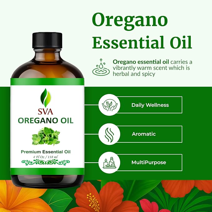 SVA Oregano Essential Oil 4 Fl Oz – for Diffuser, Skin & Hair Care – Ideal for Massage & DIY Blends – with Dropper