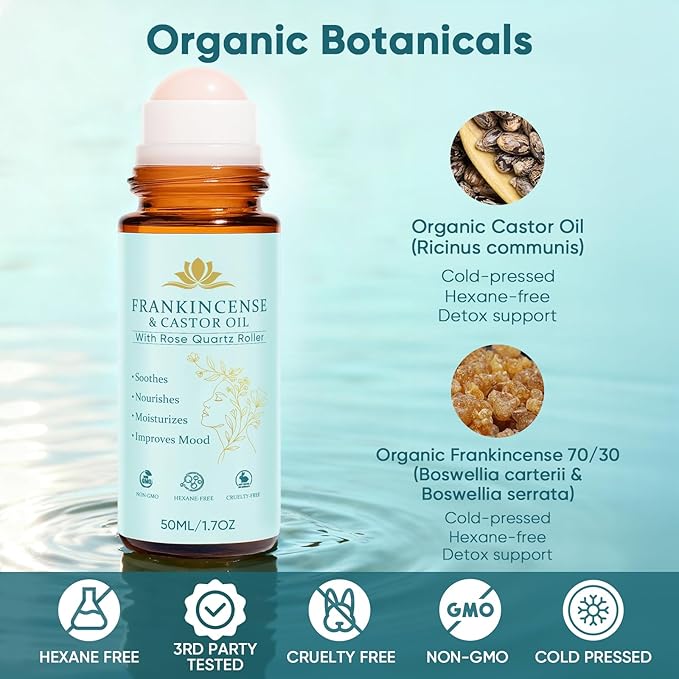 Frankincense and Castor Oil, Castor Oil Roll On with Rose Quartz, 100% Pure, Organic, Cold-Pressed, Firms Skin, Reduces Fine Lines & Hormone Balance, Suitable for Face, Neck, Abdomen, 50ML/1.7OZ (2)
