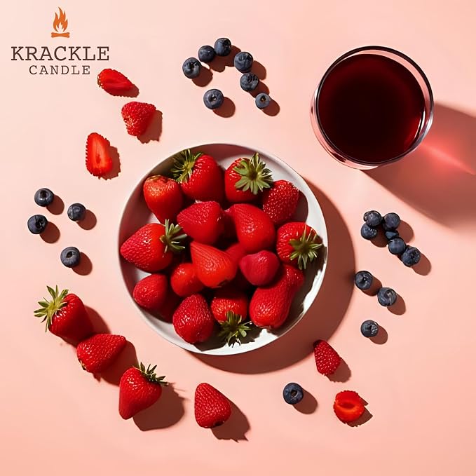 Krackle Candle | Strawberry Wine | 16 oz Scented Candle with Natural Crackling Wooden Wick | Poured in the USA | Fruity Strawberry & Summer Berry Fragrance
