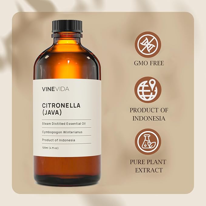 VINEVIDA Citronella Java Essential Oil 4 oz - Undiluted Citronella Oil 4 oz - Citronella Candle Oil Scent - DIY Candle Scents for Candlemaking - Bulk Essential Oil for Soap Making
