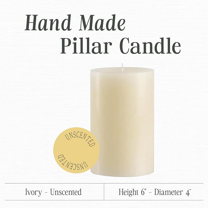 Mister Candle Unscented 4"x6" Ivory Pillar Candle, Solid Color, Cotton Wick, Dripless & Smokeless, Premium Wax Candle for Home Decor, Handmade, 120 Hour Burn Time