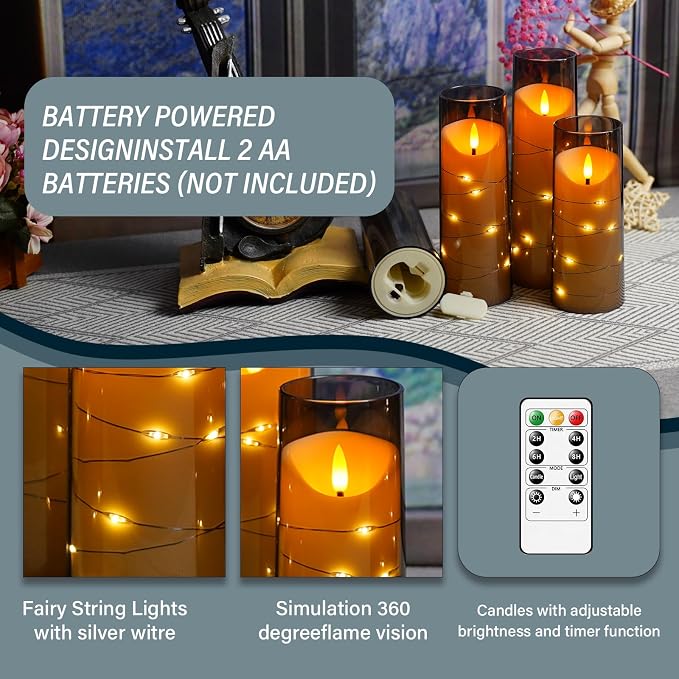 Eebuss Flameless Candles with Embedded Star String, Battery Operated LED Pillar Candles with Timer and Remote Control,Home Decorating for Ambiance， Set of 9(Grey)