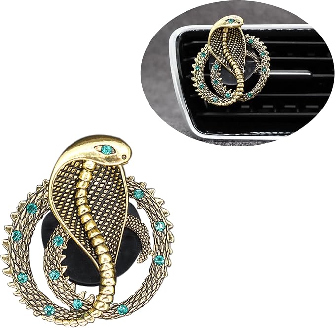 ORIESSE Air Vent Clips,1pc Cobra Car Air Freshener Vent Clip,Snake Badges Decals Car Accessories,Exotic Vintage Gold Alloy Rhinestone Vehicle Decorations for Jeep Truck