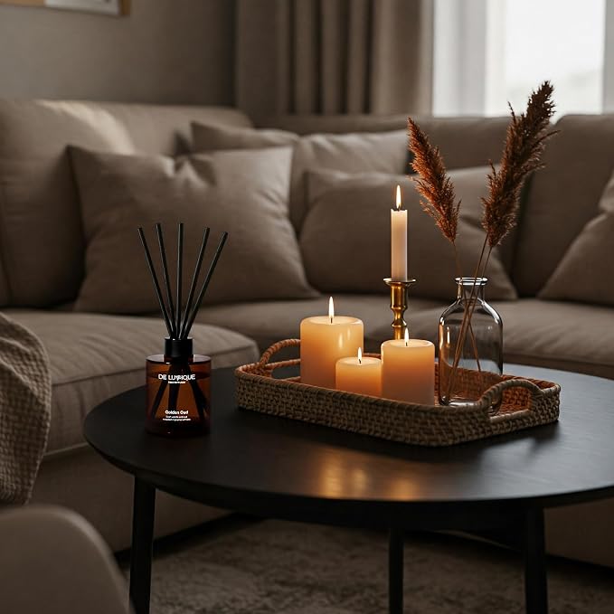 Golden Oud Scent Reed Diffuser – Room Scent Diffuser with Almond, Vanilla, Oud & Damask Rose – Long Lasting Home Fragrance Diffuser – Aromatherapy for Every Room – 150ml