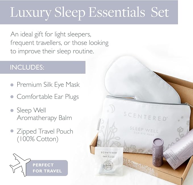 Scentered Sleep Essentials Travel Sleep Gift Set - Aromatherapy Sleep Well Balm, Luxury Silk Eye Mask & Ear Plugs for Sleeping - Lavender Essential Oil Blend - Self-Care Gifts for Women