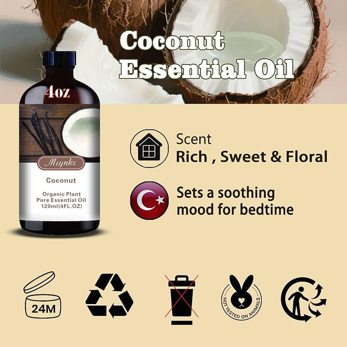 Coconut Essential Oil, Coconut Oil for Skin Care, Massage, Diffuser, Humidifier, DIY Soap, Candle, Hair Care, Gift Ready,Coconut Fragrance Oil - MLYNKL Essential Oils (4.33 fl oz / 130ml)