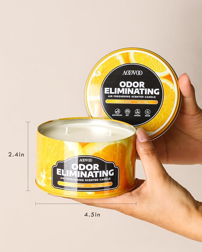 AOOVOO Citrus Lemon Odor Eliminating Candle - 3 Wick 12oz Long Lasting Highly Fragranced Candle, Eliminates 95% of Smoke, Food, Pet and Other Smells Quickly, Large Air Freshing Soy Candles