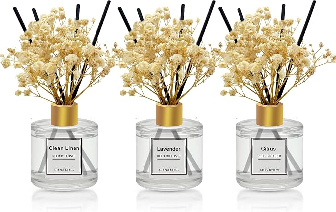 Reed Diffuser Set of 3 Pack,Clean Linen,Citrus,Lavender Scented Oil Diffuser with 4 Sticks,Reed Diffusers for Home,Living Room,Bathroom Air Freshener Diffuser,50ml x 3